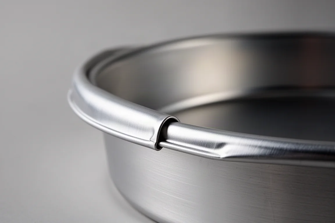 Gerollter Rand einer Aluminiumform in Nahaufnahme mit sichtbarer Materialstärke