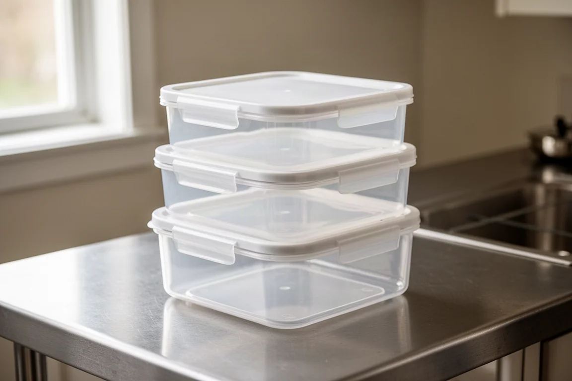 Contenedores de almacenaje de alimentos transparentes apilados en una zona de preparación de cocina luminosa