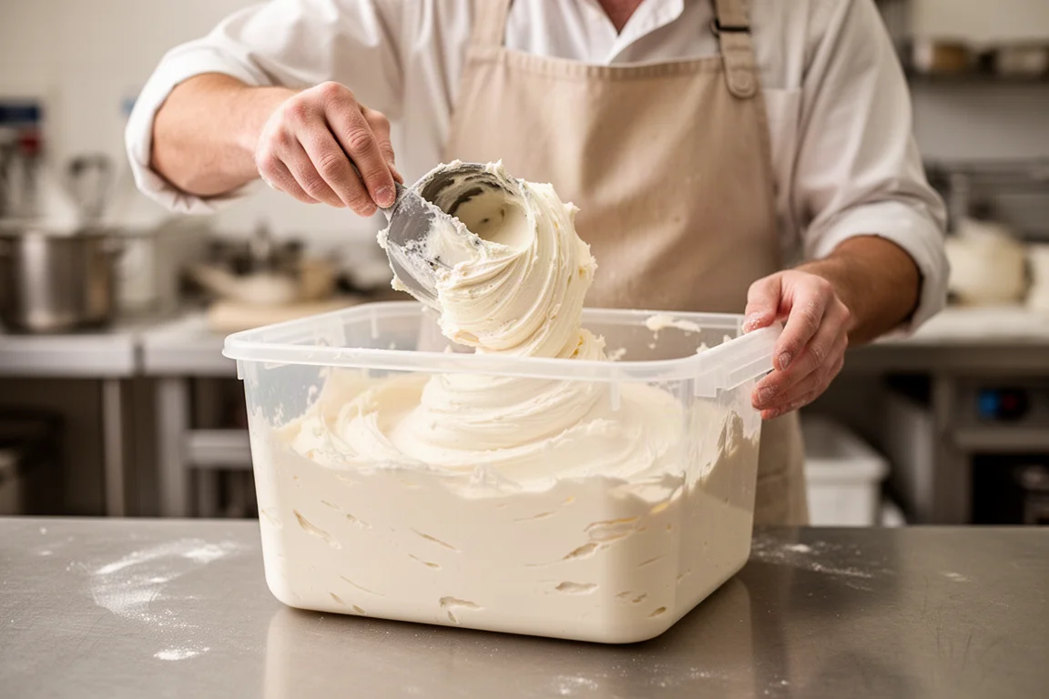 Un pastelero llenando un gran contenedor con buttercream en una cocina comercial