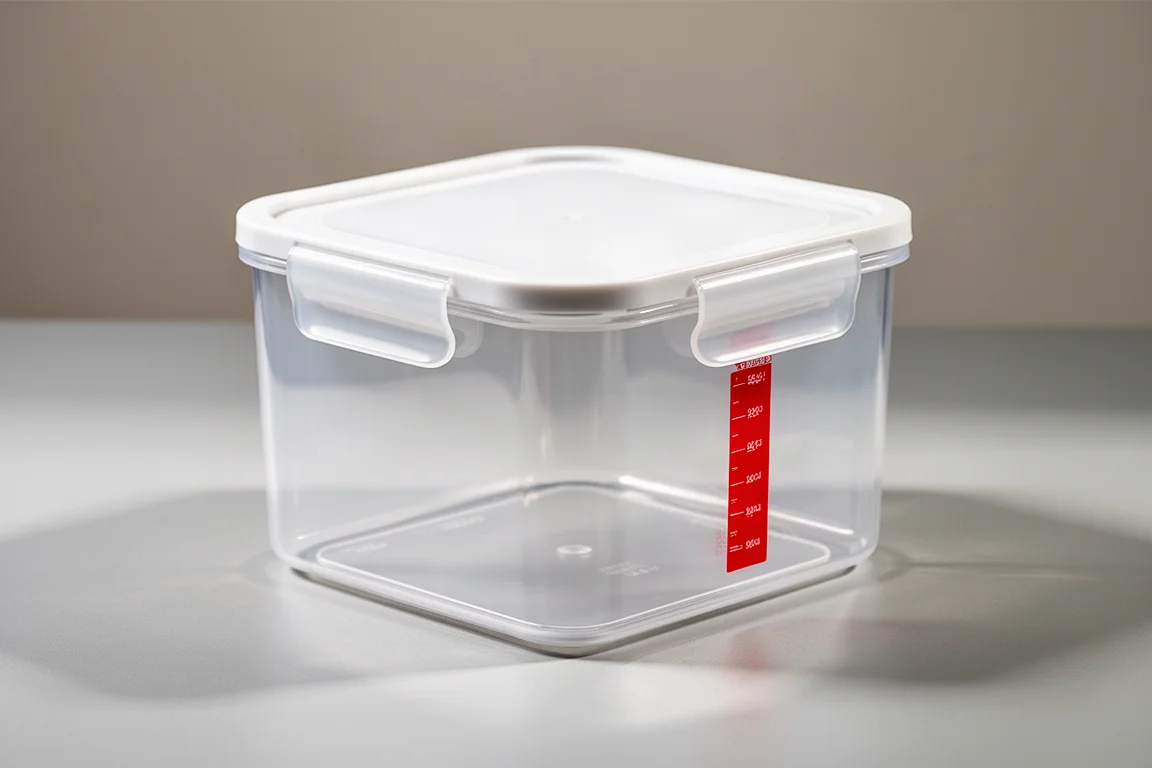 Gran contenedor de almacenaje de alimentos transparente con tapa blanca y marcas de volumen rojas