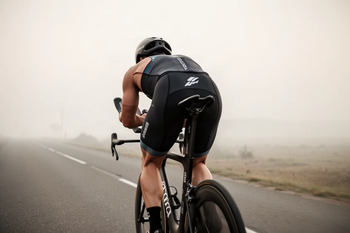 Triathlonista jadący w pozycji aero na rowerze czasowym po otwartej drodze w miękkim porannym świetle