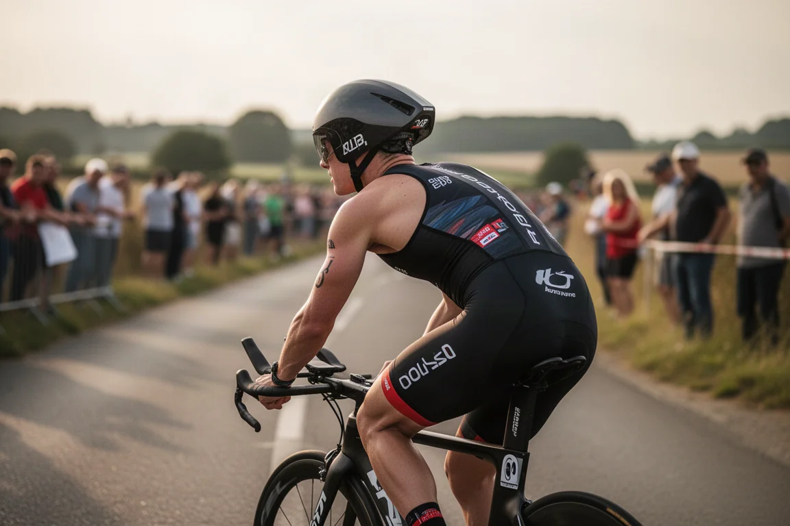 Triathlonista zerkający przez ramię podczas jazdy na rowerze czasowym w trakcie wyścigu