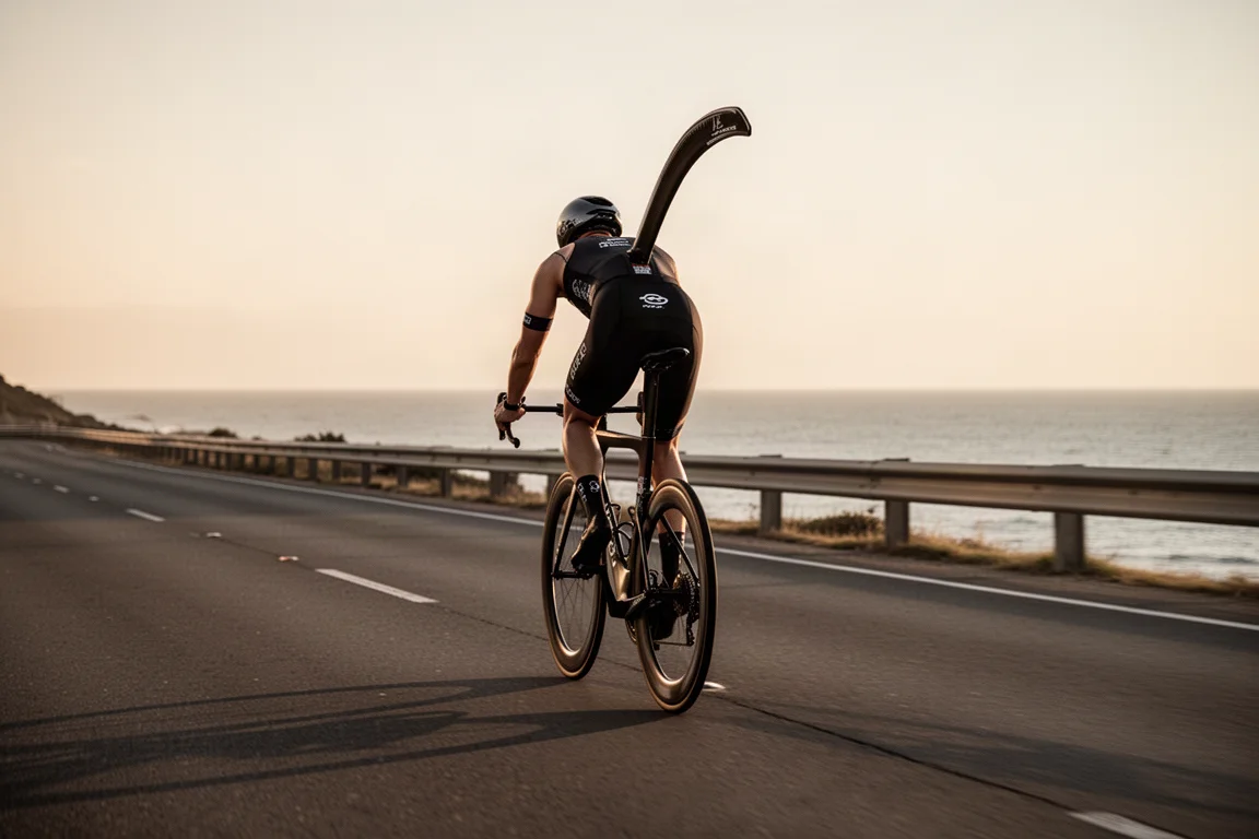 Triathlonista w niskiej pozycji aero na nadmorskiej drodze w złotej godzinie