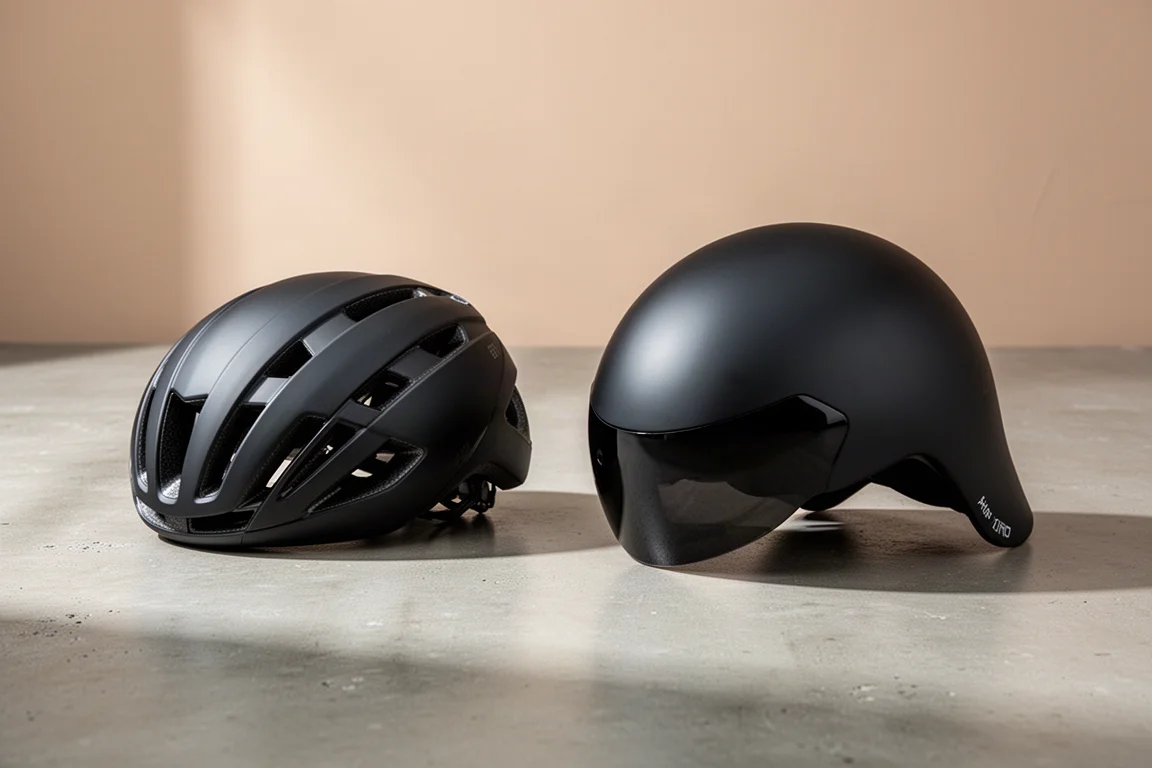 Met Manta aero road helmet and Met Drone Wide Body full aero helmet on a matte concrete surface