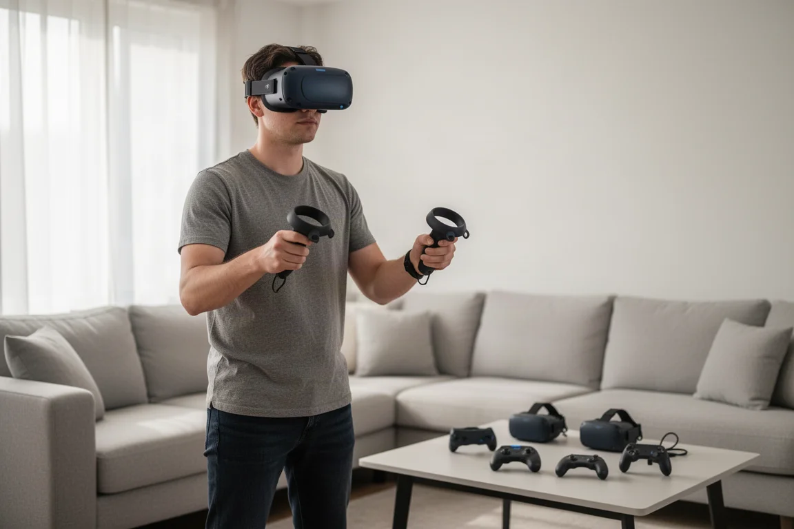 Personne portant un casque VR dans un salon lumineux avec des accessoires sur une table à proximité