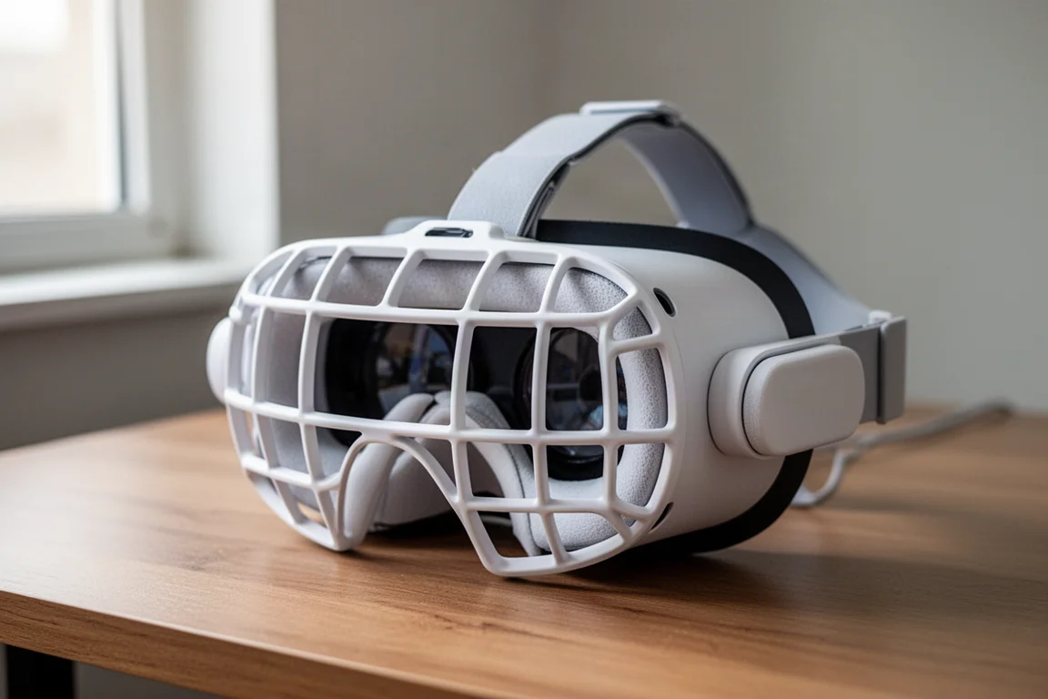 Gros plan d'un casque VR avec une interface faciale blanche et des coussinets latéraux flexibles