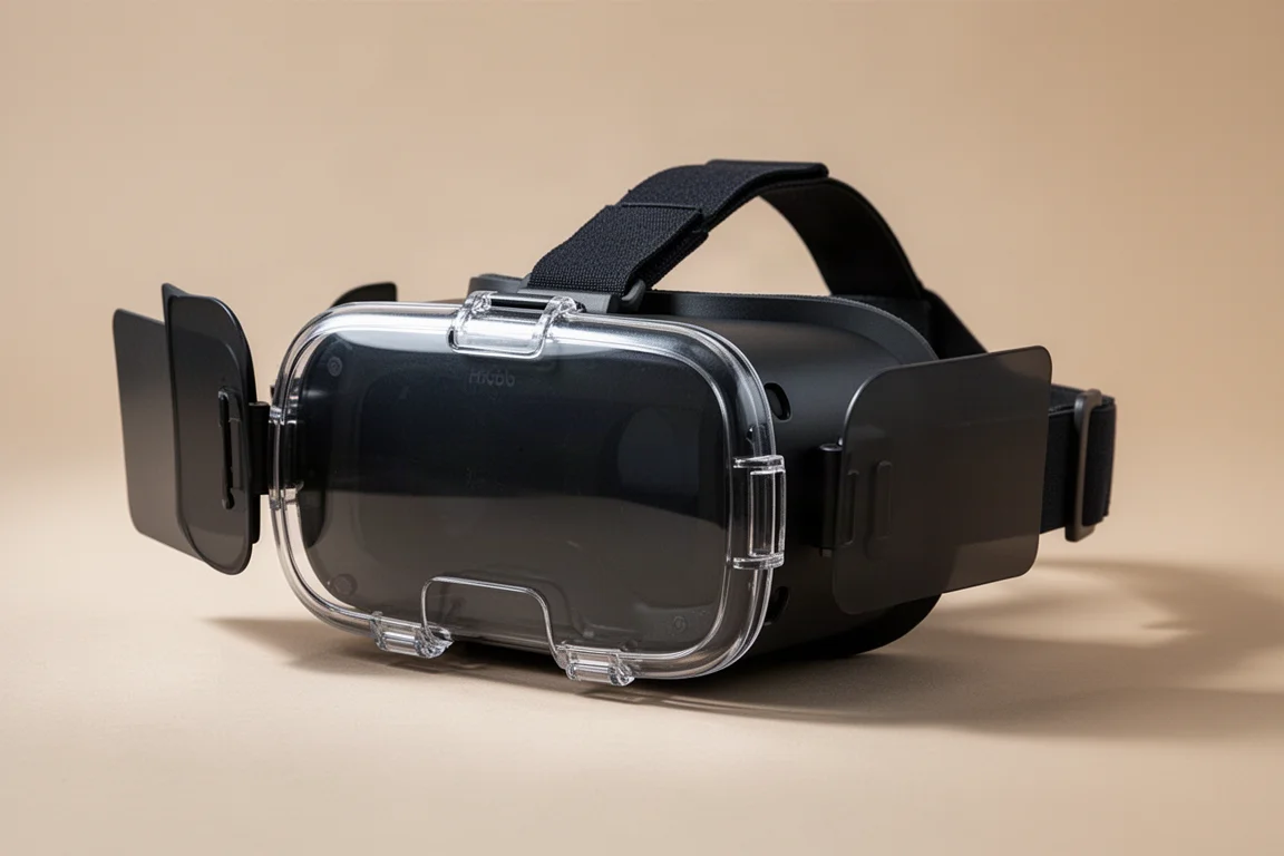 Casque VR avec une protection avant et des écrans de confidentialité partiellement ouverts