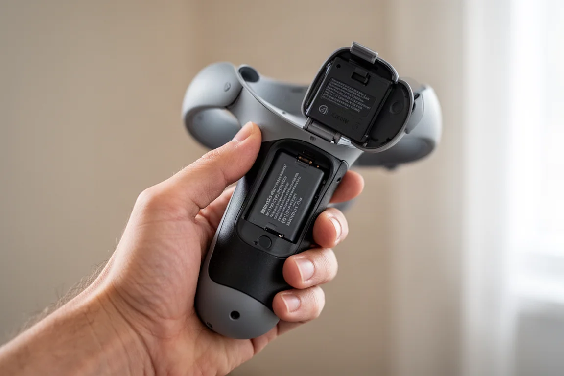 Main tenant un contrôleur VR avec une poignée à batterie rechargeable attachée