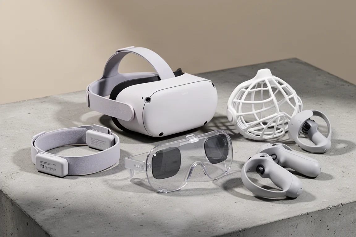 Casque VR Meta Quest 3 avec quatre accessoires disposés sur une surface en béton