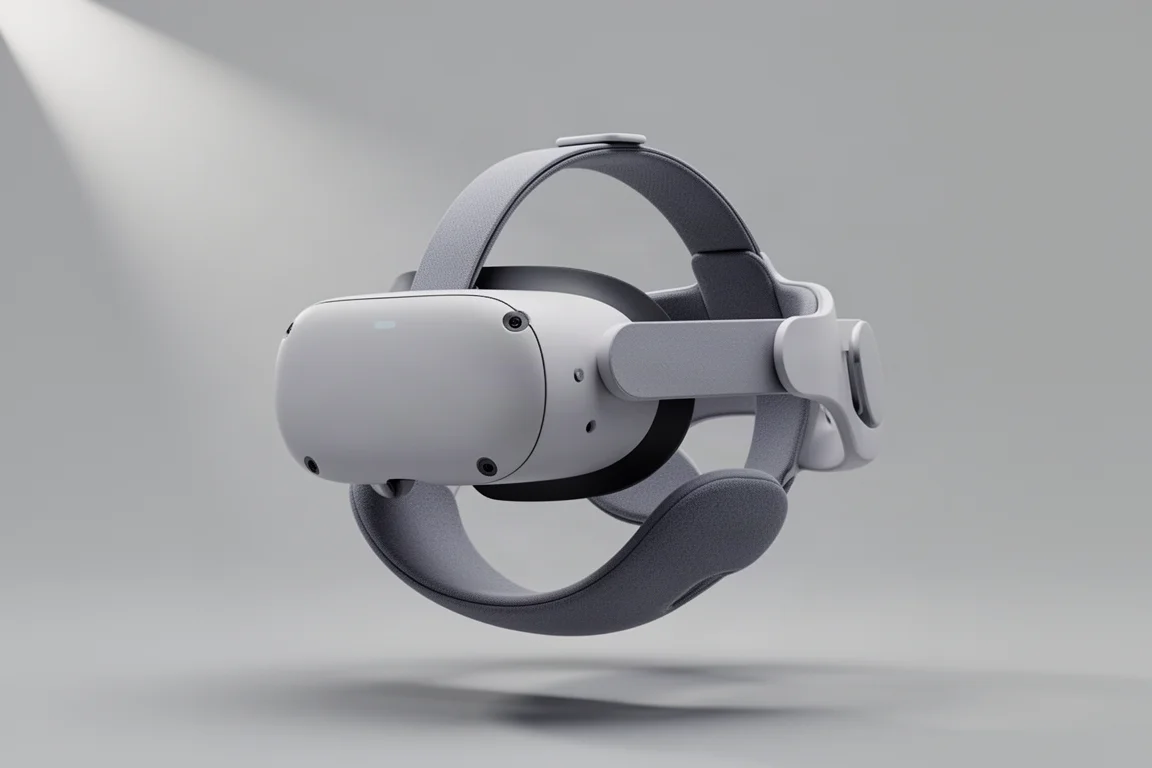Casque de réalité virtuelle Meta Quest 3 avec quatre accessoires disposés sur une surface en béton