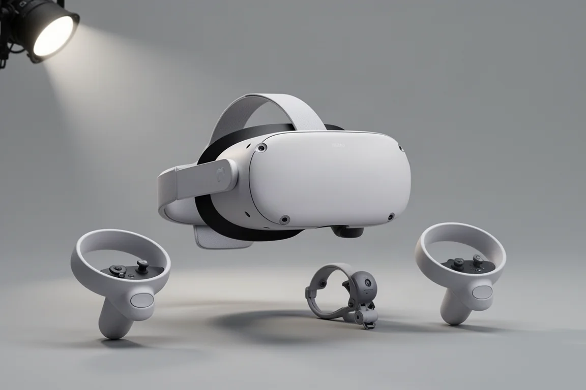 Casque VR Meta Quest 3 avec quatre accessoires disposés sur une surface en béton