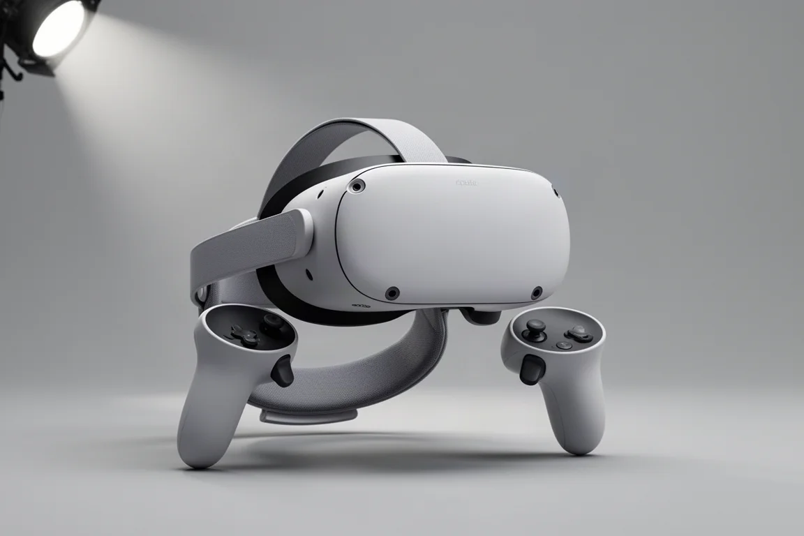 Casque de réalité virtuelle Meta Quest 3 avec quatre accessoires disposés sur une surface en béton