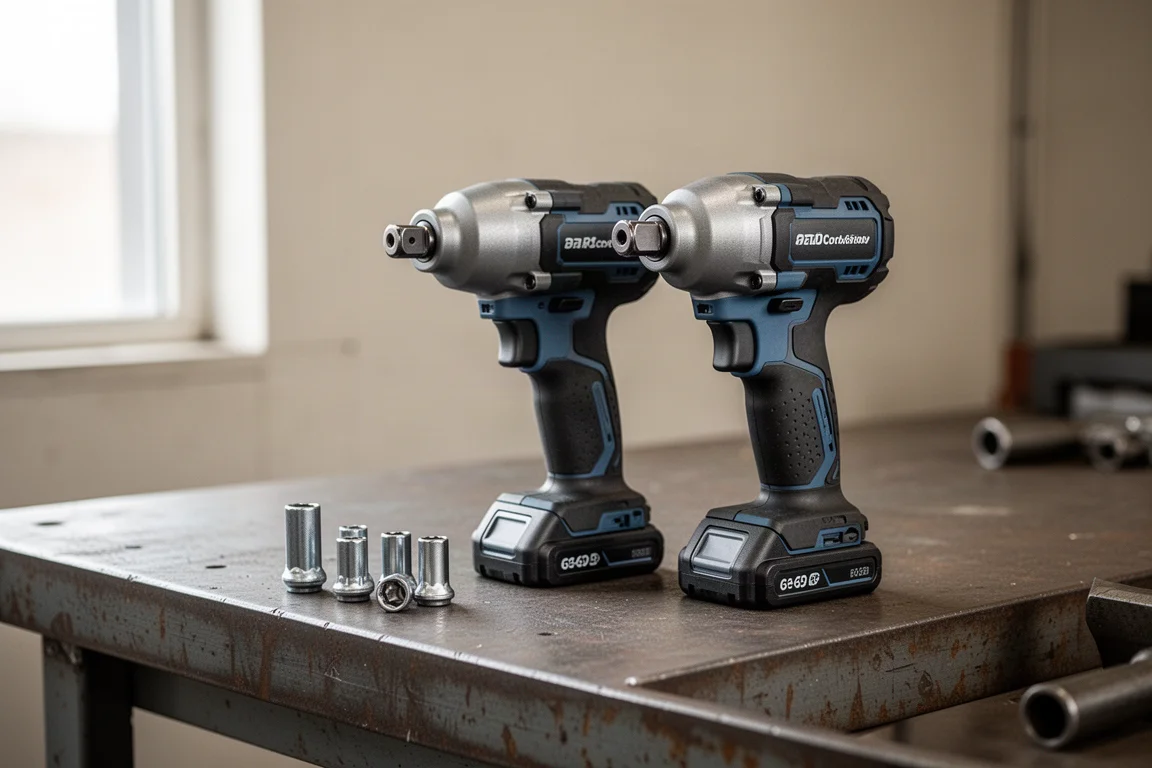 Two compact cordless impact wrenches lying side by side on a workbench