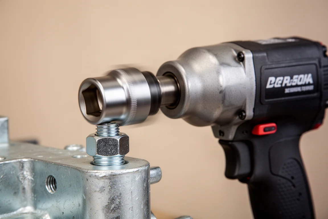 Impact wrench loosening a large hex bolt on a metal fixture