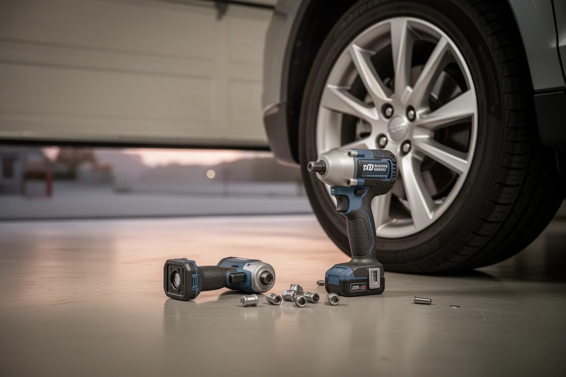 Compact impact wrench resting on a garage floor beside a car wheel