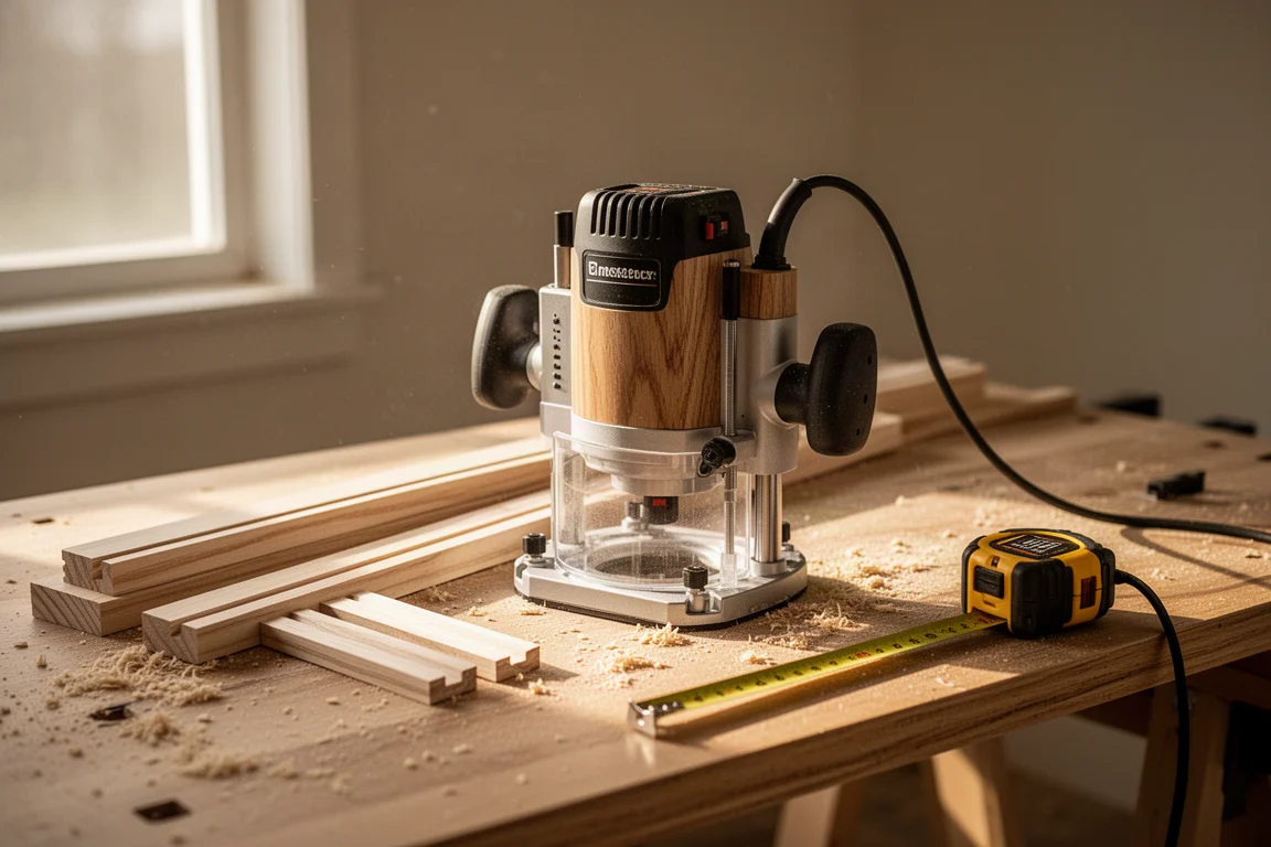 Fixed base router resting on a workbench in a tidy workshop