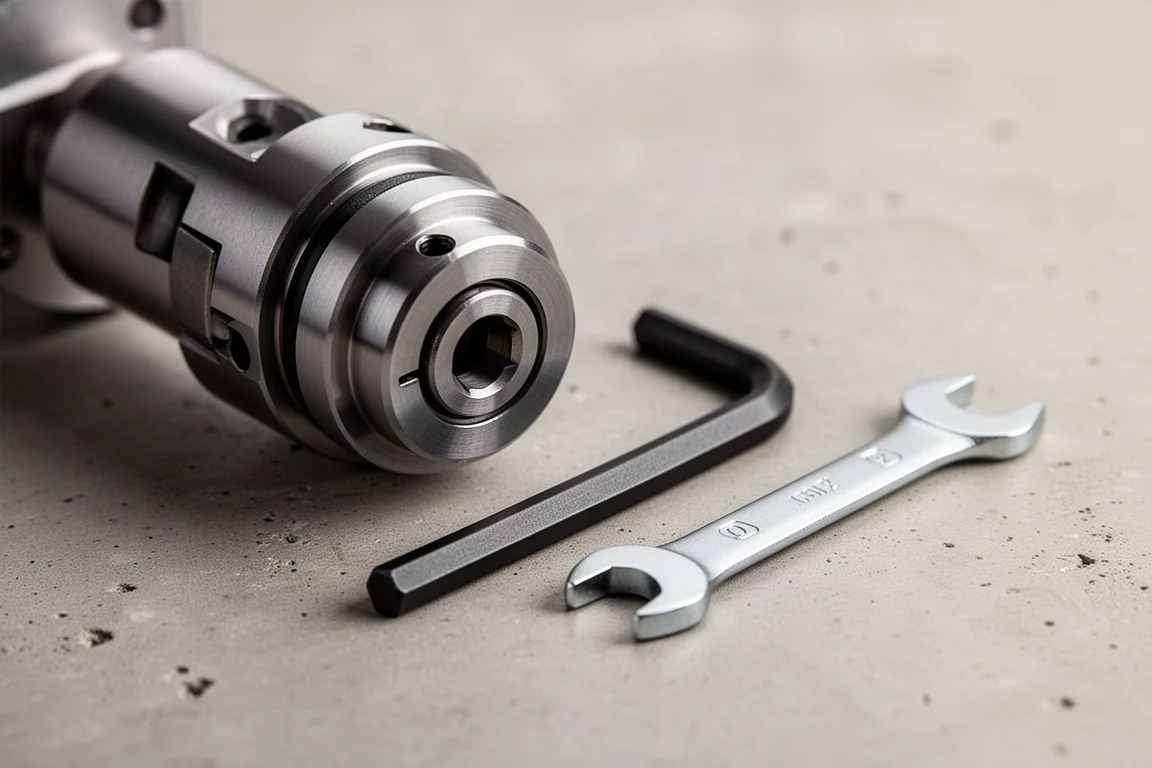 Close-up of router collet and hex wrench accessories laid out on a bench