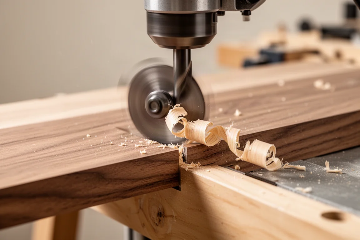 Router producing wood shavings while cutting a board edge