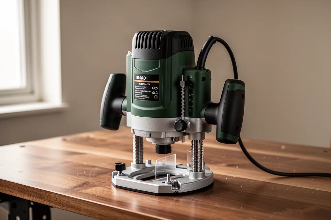 Metabo HPT fixed base router on a brushed wood workshop desk