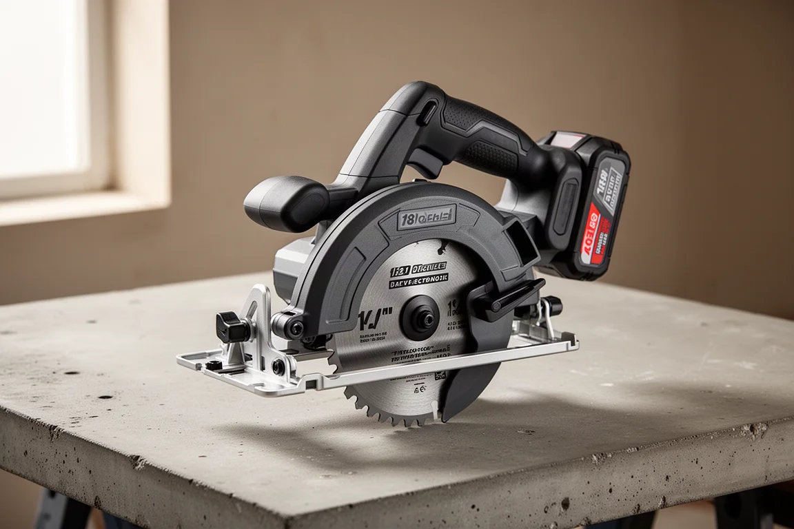 Metabo HPT 18V blade-right cordless circular saw on a concrete workbench