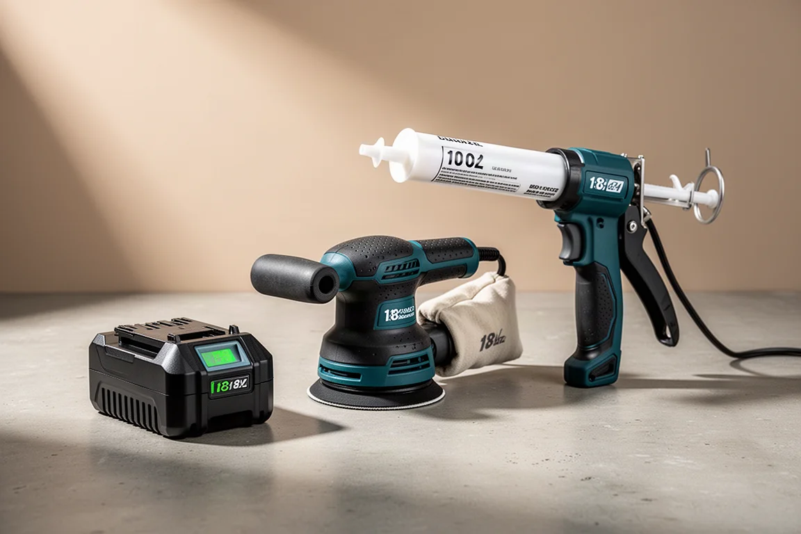 Metabo HPT 18V compact battery, palm sander, and caulk gun arranged on concrete