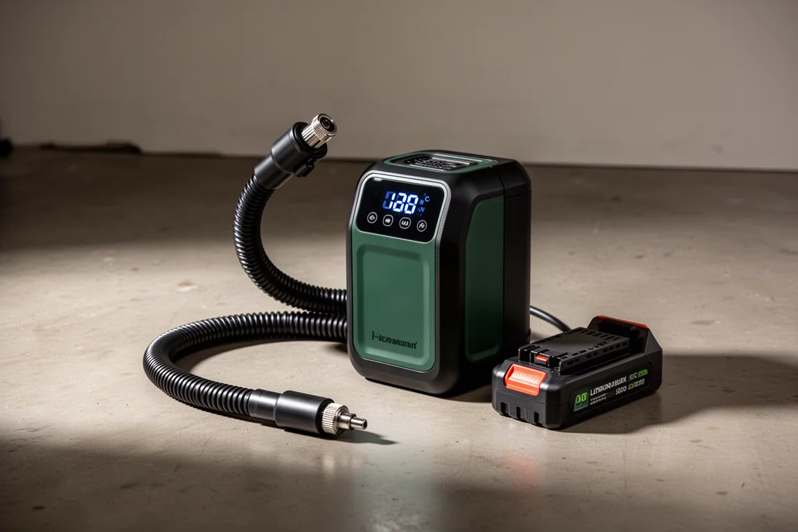 Metabo HPT 18V cordless inflator with hose and battery on a concrete floor