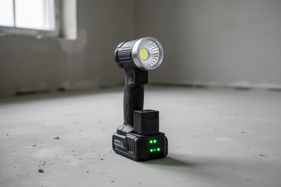 Luminária de trabalho a bateria com cabeça LED giratória apoiada no piso de concreto de um canteiro de obras