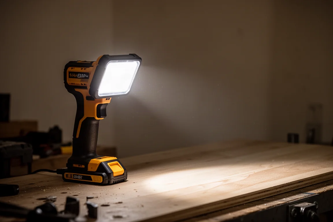 Luminária de trabalho em potência baixa projetando um brilho amplo e suave por uma oficina escura