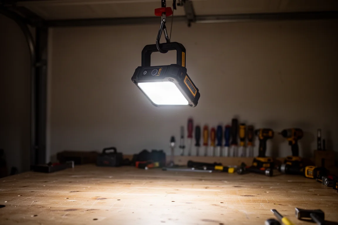 Luminária de trabalho fixa e pendurada em uma garagem iluminando uma grande área de trabalho