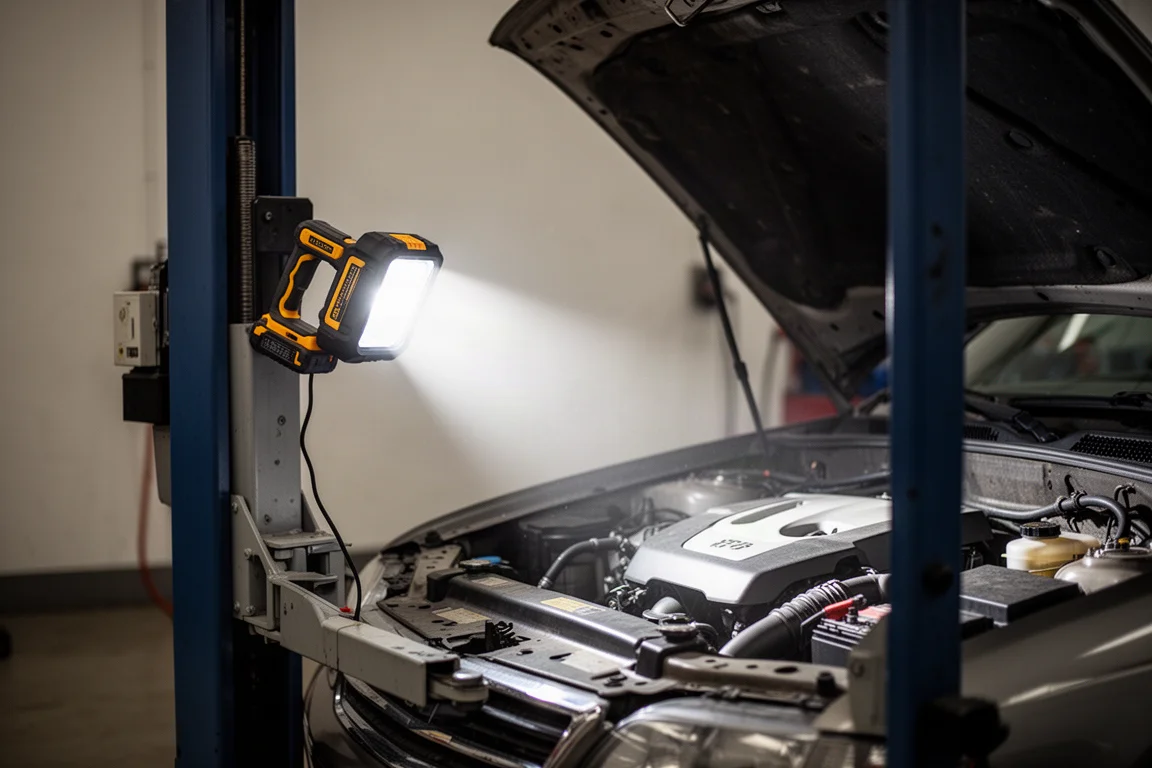 Arbeitsleuchte an einer Hebebühne beleuchtet einen Motorraum