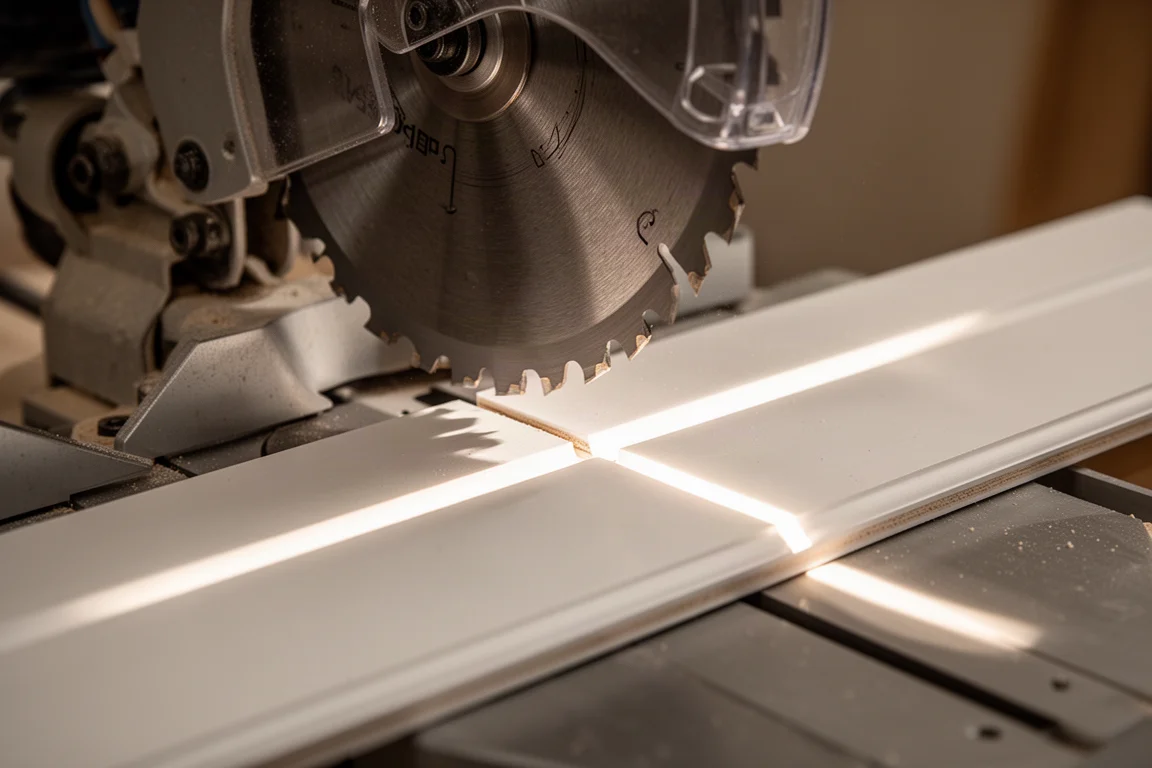 Primo piano di una lama di troncatrice che proietta una linea d'ombra LED su un pezzo di modanatura