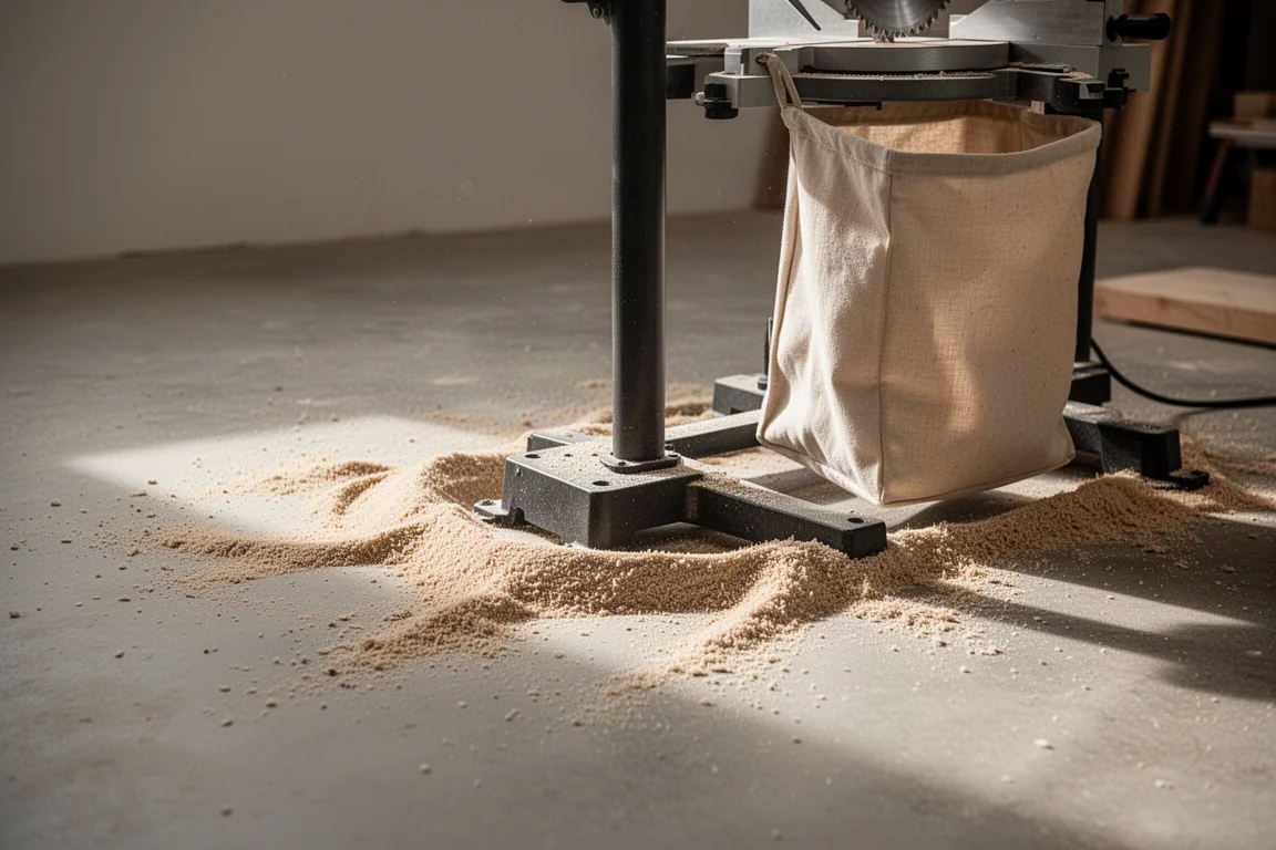 Pavimento del laboratorio con segatura attorno a una troncatrice dopo una sessione di taglio