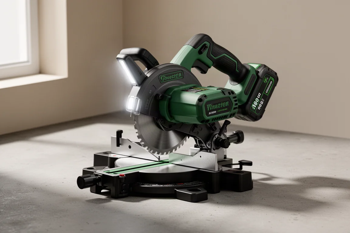 Compact cordless 10-inch miter saw with battery pack on a concrete surface
