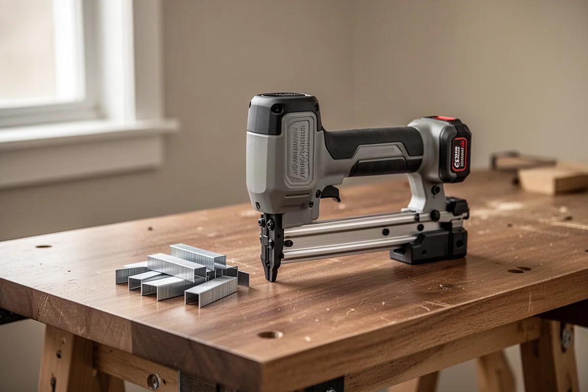 Compact cordless stapler resting on a workbench with soft window light