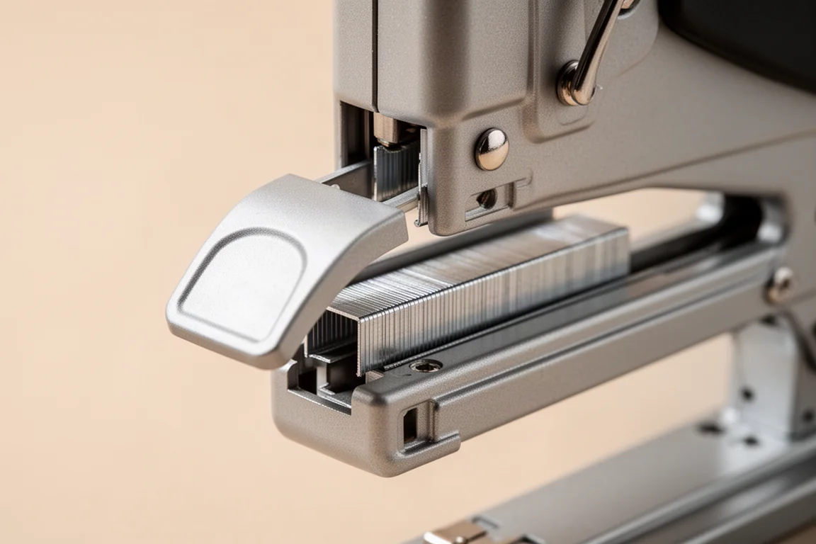 Close-up of a stapler nosepiece with jam access door opened