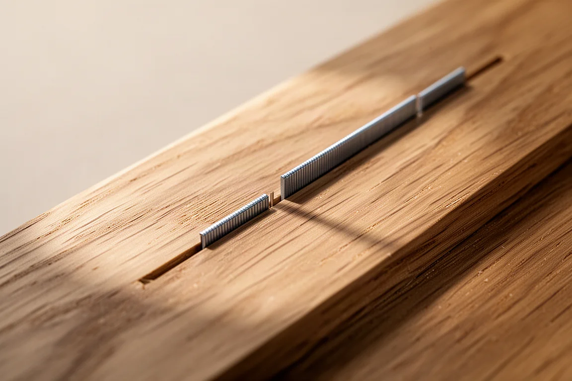 Staples driven flush into hardwood at maximum depth setting