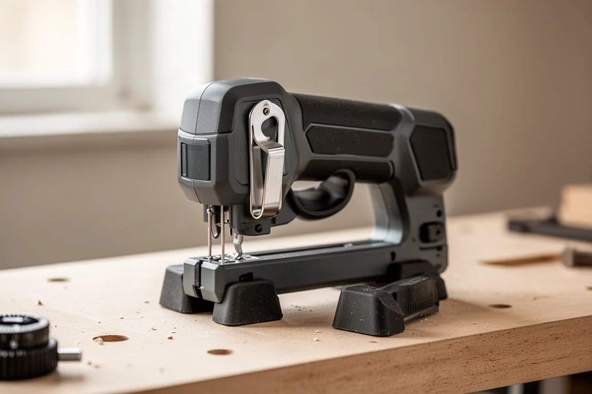Stapler set down on rubber feet with belt clip installed