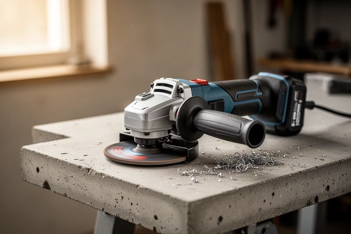 Cordless angle grinder resting on a concrete workbench in soft workshop light