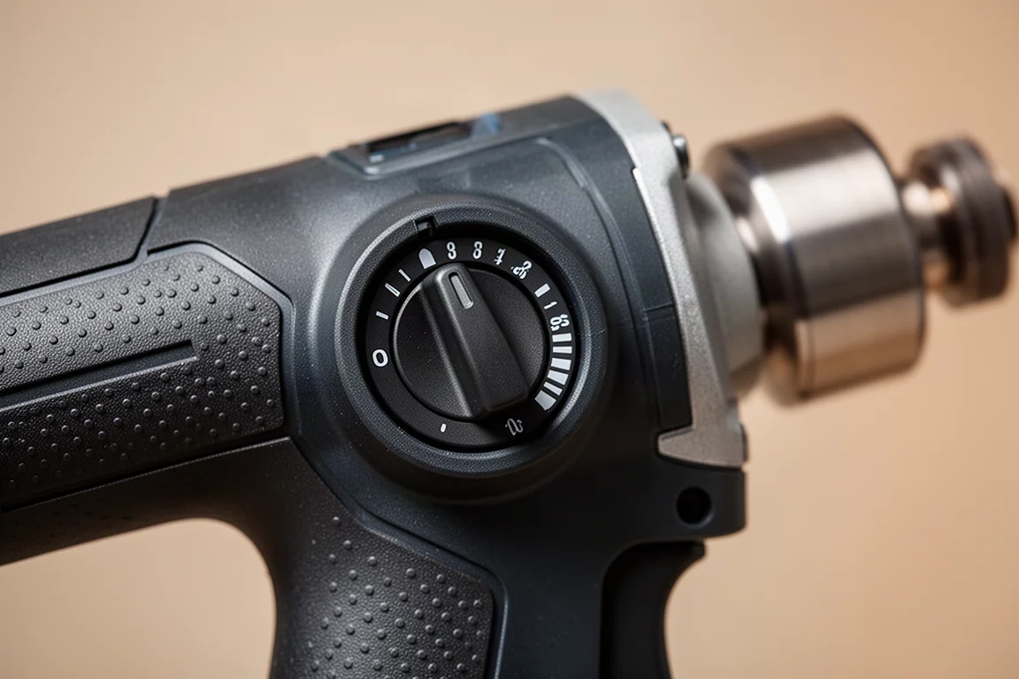 Close-up of a variable speed dial on the rear of an angle grinder housing