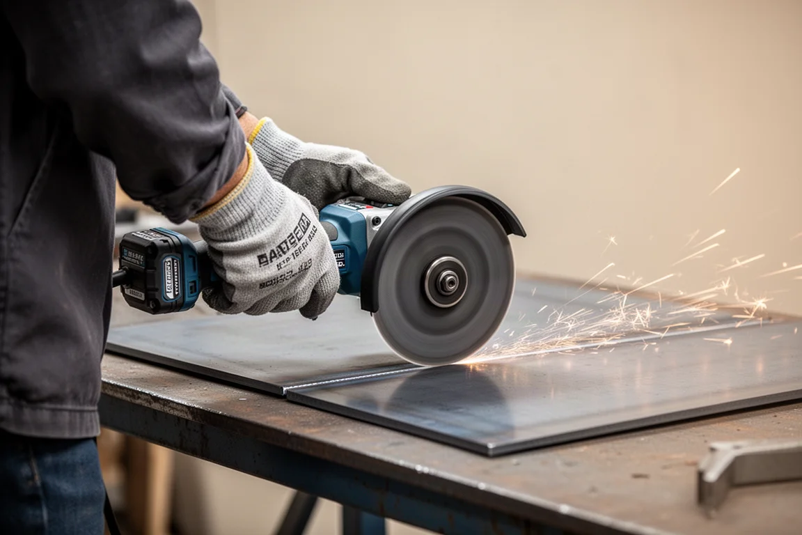 Hand position on a three-position auxiliary handle during metal grinding