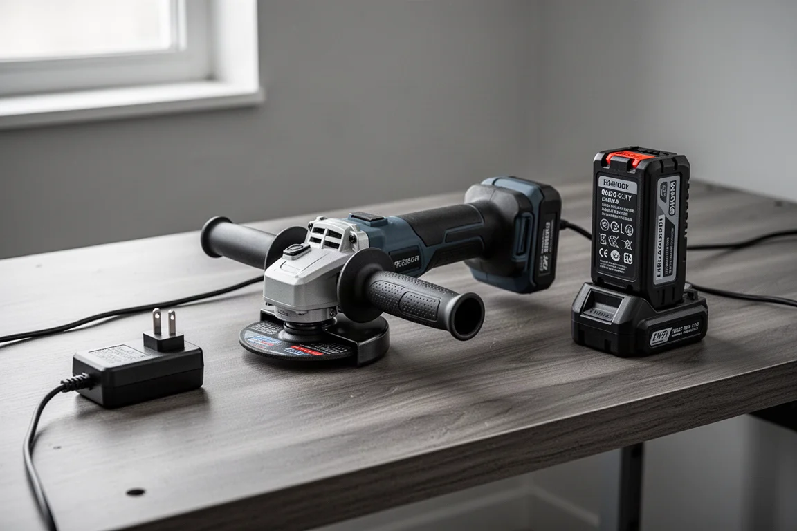 Angle grinder connected to an AC adapter on a workbench with batteries nearby