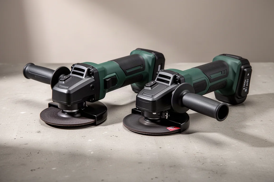 Two Metabo HPT 36V cordless angle grinders side by side on a concrete surface