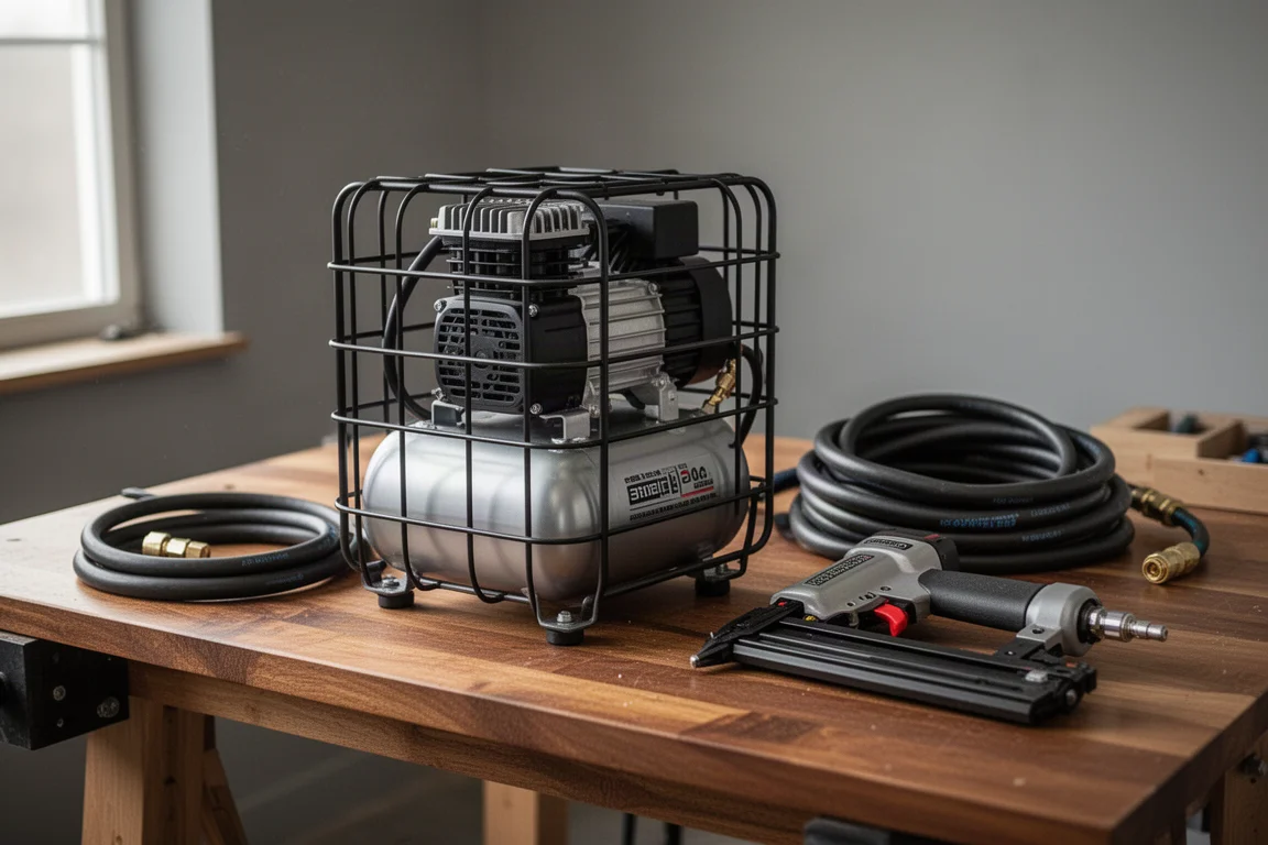Compact portable air compressor with roll cage on a workshop bench