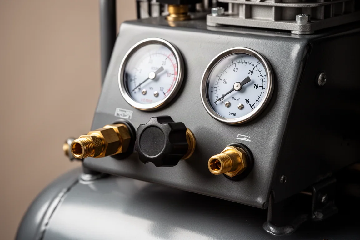Close-up of pressure gauges and regulator knob on a compressor panel