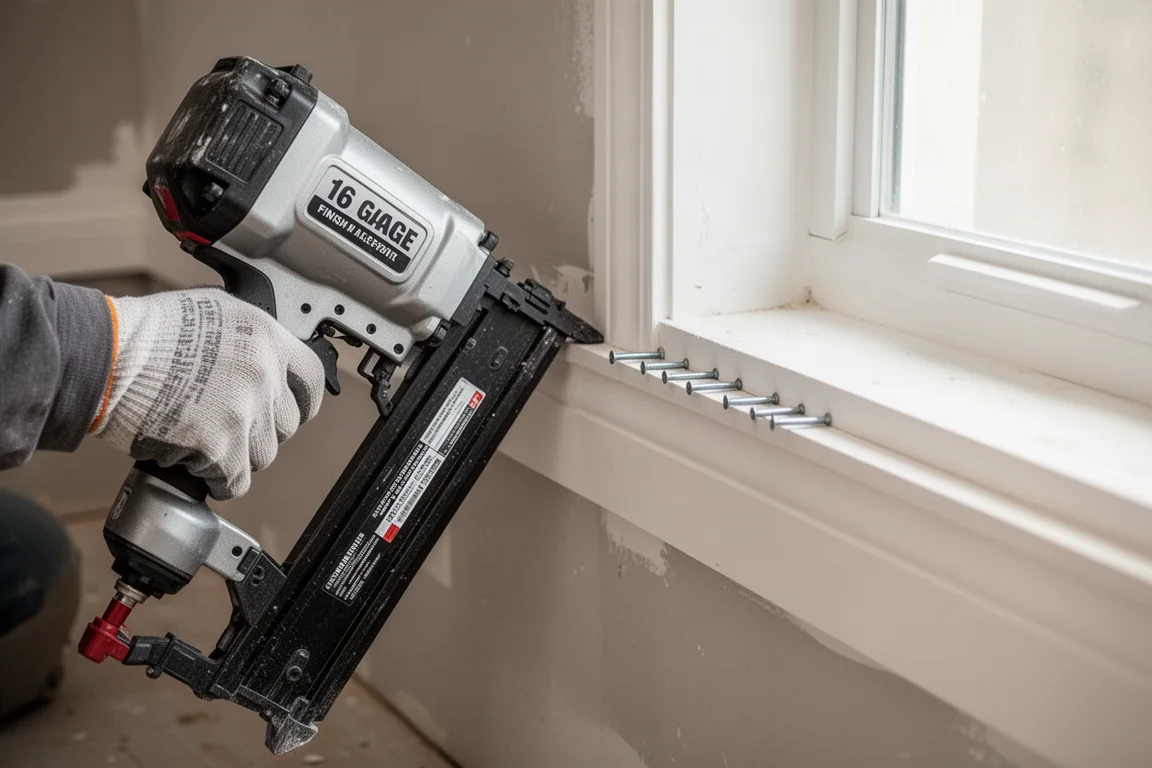Finish nailer driving trim nails into baseboard trim