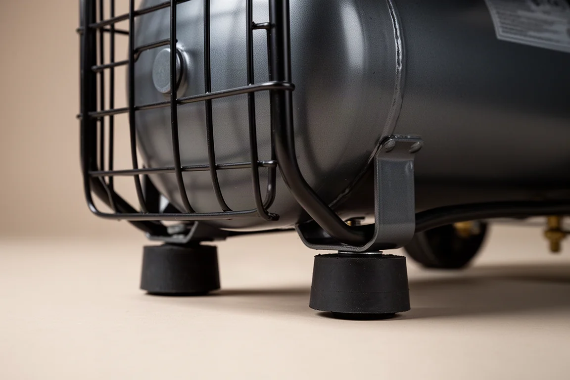 Compressor resting on thick rubber feet with cage isolated from tank