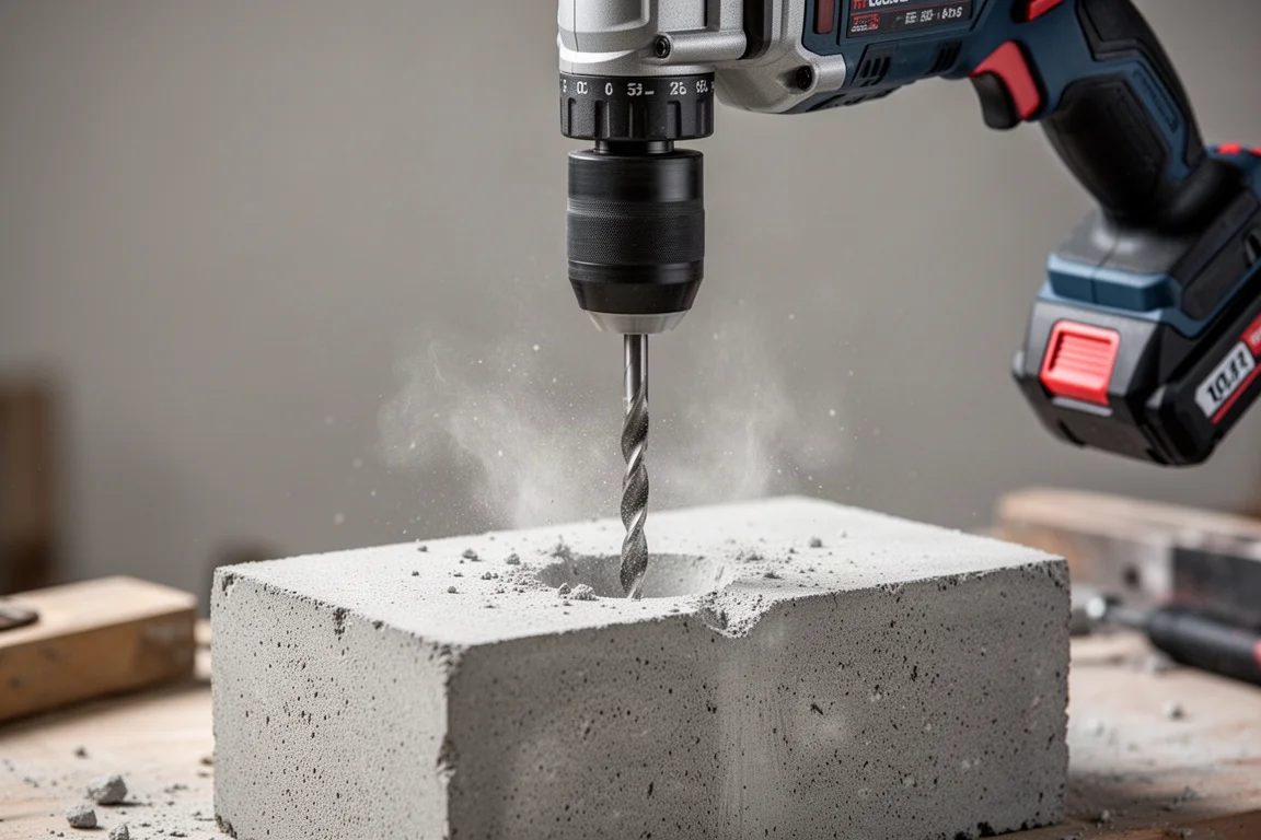 Rotary hammer drilling into a concrete block with dust rising