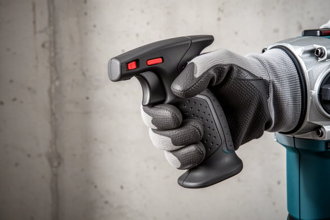 Gloved hand gripping the rubber-coated handle of a rotary hammer