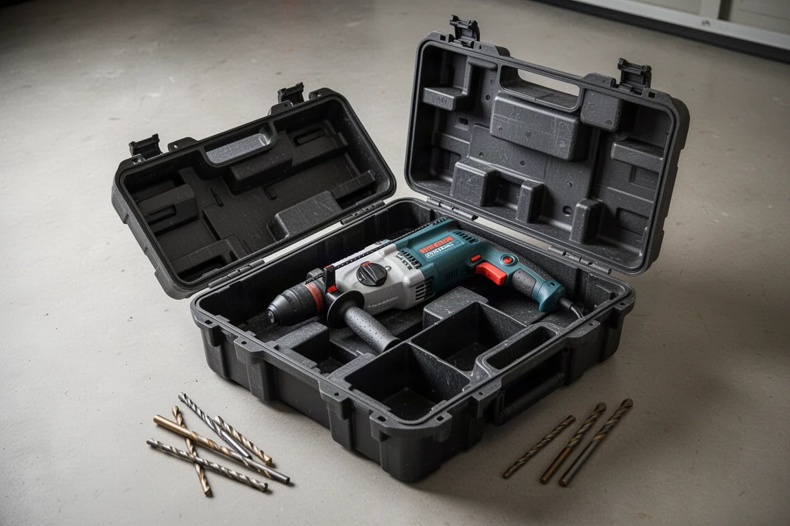 Rotary hammer hard case open on a garage floor with room for accessories