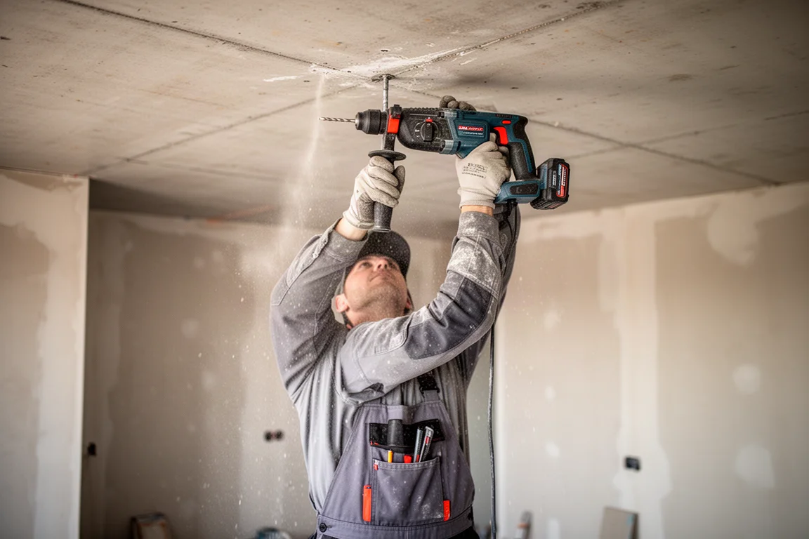 Worker drilling overhead into a ceiling with a compact rotary hammer